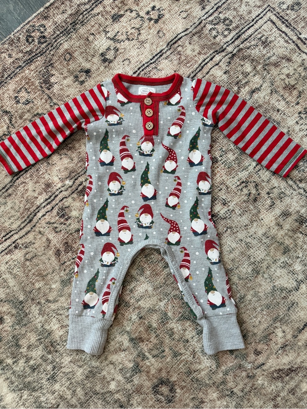 Mud Pie Red and Gray Gnome Print Long-Sleeve One-Piece